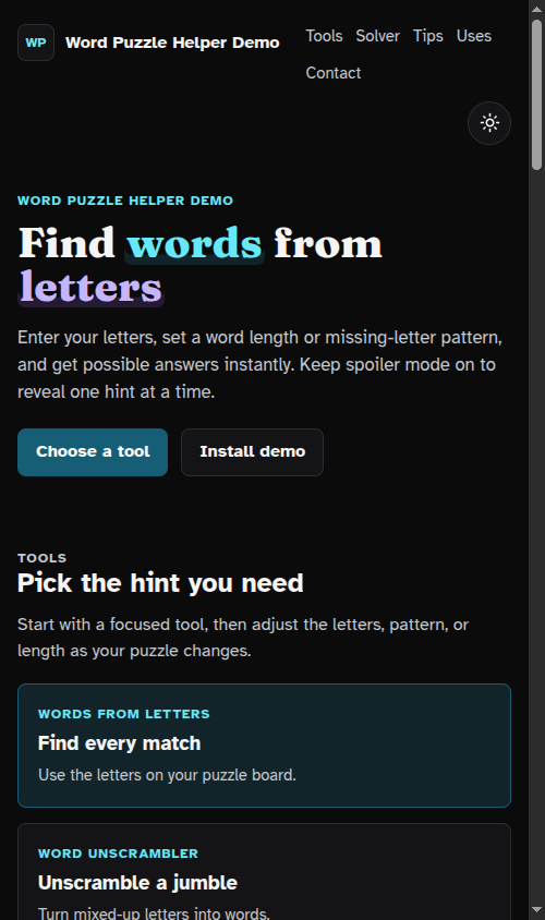 Mobile layout of the Word Puzzle Helper Starter Kit.