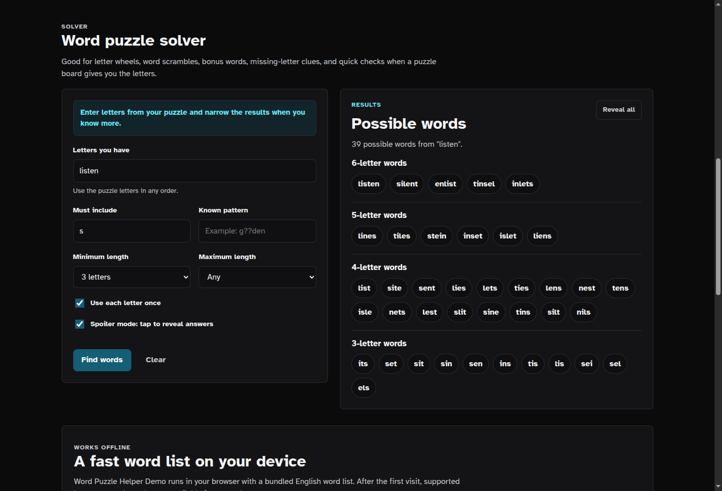 Word puzzle helper search results with reveal controls.